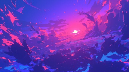 Fototapeta na wymiar Vivid, abstract sunset landscape painting. Vibrant pink and blue clouds, futuristic or fantasy art.