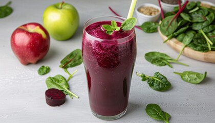 A glass of purple juice with a green straw in it sits on a table next to a bunch