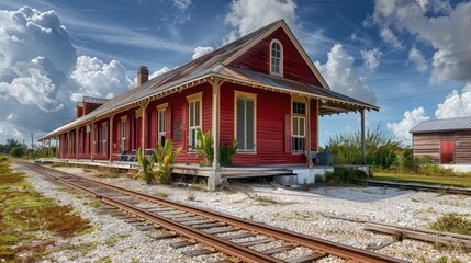 Obraz premium historic railway station with Bahama shutters in classic railroad red, adding character to the functional structure