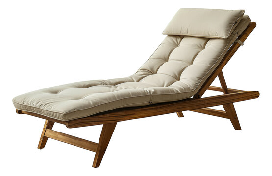 White cushioned chaise lounge with wooden frame, cut out - stock png.