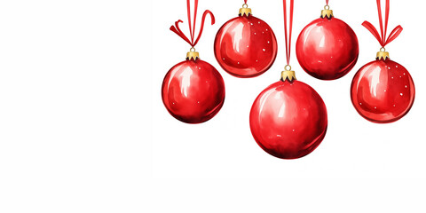 Five red glass Christmas balls are tied up with satin red ribbons. Watercolor illustration, Christmas, new year, Christmas banner, postcard.