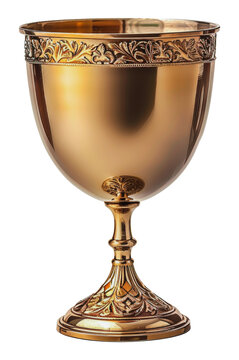 Ornate gold chalice with intricate floral design, cut out - stock png.