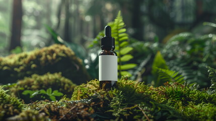 Luxurious natural skincare product dropper bottle with extract in forest setting - mockup 2oz glass tincture bottle in a beautiful setting lush green herbal