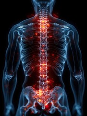 3D visualization of a human spine highlighting inflammation, showcasing medical anatomy and healthcare-related conditions.