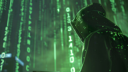 hacker looking at the computer screen with green codes programming something. He is wearing a hoodie. Green lighting