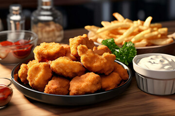 Chicken Nuggets gegrillt mit Pommes Sauce Nahaufnahme