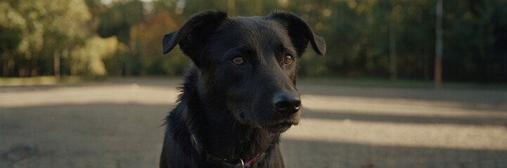 A dog with drooping ears. A thoughtful, focused look looking into the distance past the camera. The dog is black. He has something like a collar on his neck. There is a playground in the background.
