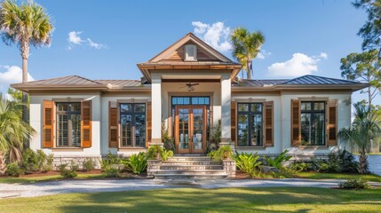 Fototapeta premium lakeshore home with vintage wood Bahama shutters, offering old-world charm and modern comfort