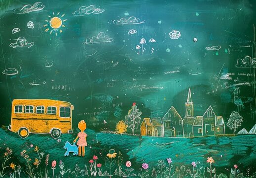 Rural Sunset with School Bus and Church, Chalkboard Art Style - Powered by Adobe