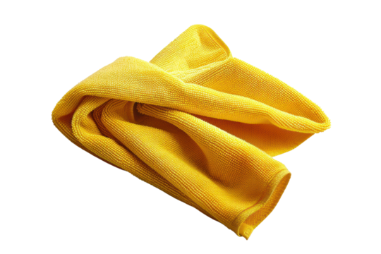 Close-up of a yellow microfiber cloth on a white background, perfect for detailing or cleaning. Ideal for home or automotive use.