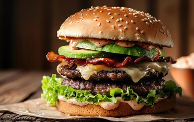 Delicious gourmet burger with juicy beef patty, crispy bacon, fresh lettuce, avocado, and melted cheese on a sesame seed bun.