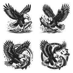 eagle catch fish vector logo black & white silhouette