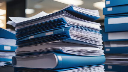 Blue pile of office paperwork about business