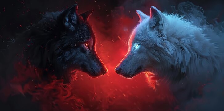 Concept art depicting a confrontation between a white wolf and a black wolf symbolizing the eternal struggle between good and evil. 