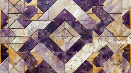 A  view of a geometric tile pattern featuring purple, yellow, and white colors