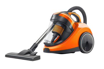Modern orange vacuum cleaner isolated on white background. High-tech home appliance for efficient cleaning. Cordless and bagless design.