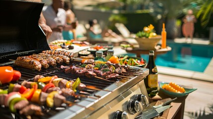 Sizzling Summer Barbecue Party by the Pool with Grilled Meats, Vegetables, and Lively Decorations