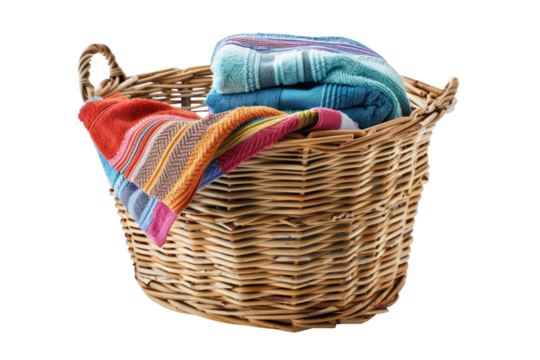Wicker basket filled with colorful folded blankets and towels. Ideal for home decor, storage, and organizing living spaces.
