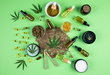 Marijuana leaves, bottle of oil, cannabis on cbd concept
