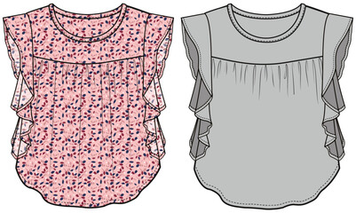 GIRLS AND TEENS WEAR WOVEN TOPS WITH FLORAL PRINT AND COLORED ILLUSTRATION