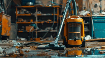 Heavy-Duty Vacuum Cleaner Handling Large Debris in Garage Workshop for Tough Cleaning Tasks