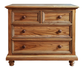 Wooden chest of drawers with four drawers and turned legs, cut out - stock png.