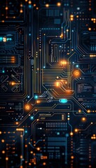 Fototapeta premium Futuristic electronic circuit board with glowing lights illustrating advanced technology and digital innovation.