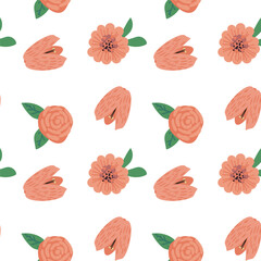 Childrens flowers pattern set. Cute floral elements in hand drawn style. Colorful background For textile, fabric design, kitchen decoration. Flowers endless pattern.