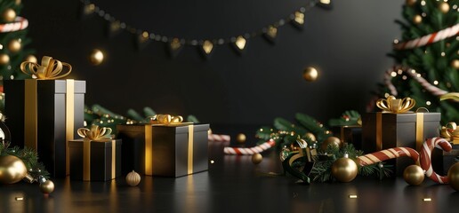 Black and Gold Christmas Gifts Under a Festive Christmas Tree