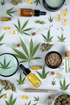 Cbd products. marijuana and cannabis hemp oil. flat lay, top view