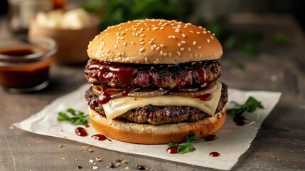 Delicious double beef hamburger with melted cheese, caramelized onions, and barbecue sauce on a sesame seed bun, perfect for food lovers.