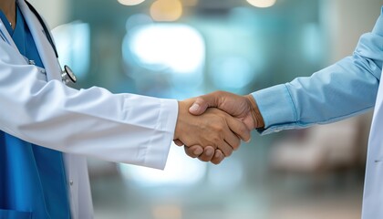 Two healthcare professionals in lab coats shaking hands, symbolizing partnership and collaboration in a medical environment.