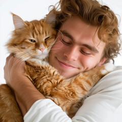 close up view red fluffy cat hugs a young handsome man on white background