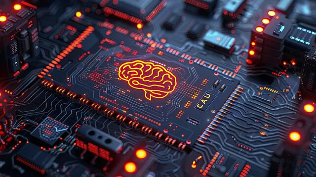 Computer processor microchip of motherboard in brain symbol representing artificial intelligence, AI technology