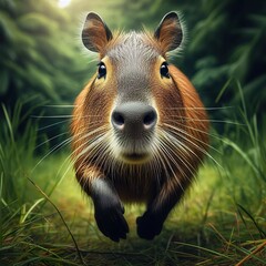 a capibara running in the tall grass