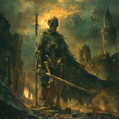 Fototapeta premium Shadow of the Past: Dark Fantasy Skeleton Warrior in Ancient Graveyard with Muted Colors and High Detail, Creating a Dramatic Scene