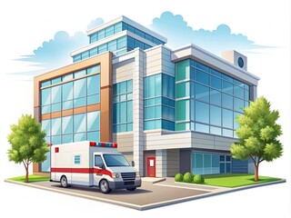 Hospital building medical office vector illustration set. Cartoon modern medicine clinic skyscrapers collection, outdoor facade hospital exterior with ambulance car and big windows isolated on white.