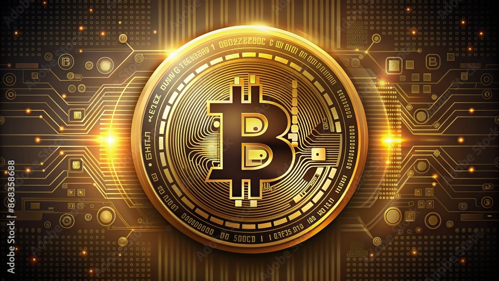 Poster golden cryptocurrency emblem with bold letter b and circular shape, consisting of binary code and or