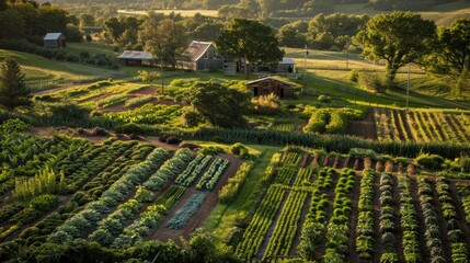 Aerial View of Organic Farm with Diverse Vegetable Plots and Farmhouse in Lush Green Landscape