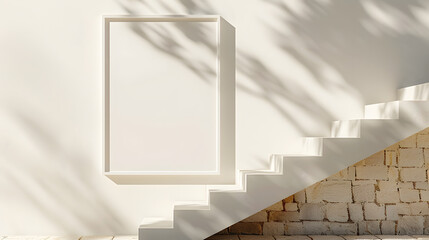 Obraz premium Sunlight casts shadows on stone steps and a blank white frame on a light-colored wall, creating a minimalist aesthetic