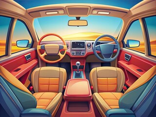 Fototapeta premium Colorful vector illustration of a car's interior featuring front and side views of empty driver and passenger seats, showcasing a travel concept with a steering wheel.