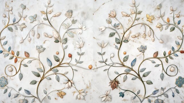 A close detail of floral inlay work on the Taj Mahal