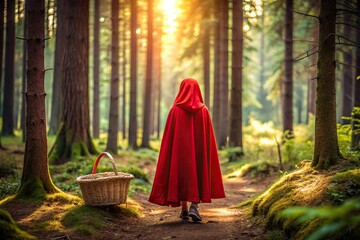 Whimsical forest scene featuring iconic red hooded cape, wooden basket, and trees, evoking nostalgia for classic fairy tale Little Red Riding Hood's adventures. © Man888