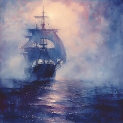 Obraz premium Ethereal Ghost Ship Sailing in Misty Seas, Watercolor Fantasy with Eerie Atmosphere