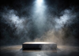 Dark misty podium on a black concrete floor, set against a mysterious smoky background, illuminated by a spotlight, ideal for dramatic product showcases.