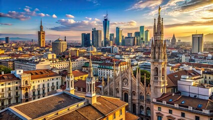 Obraz premium Panoramic view of Milan's sleek business district skyscrapers and modern architecture surrounded by historic buildings from a unique cathedral rooftop vantage point.