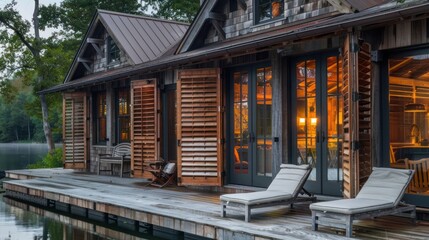 Fototapeta premium lakeside lodge with rustic Bahama shutters, enhancing the natural wood exterior and providing a cozy, secluded feel