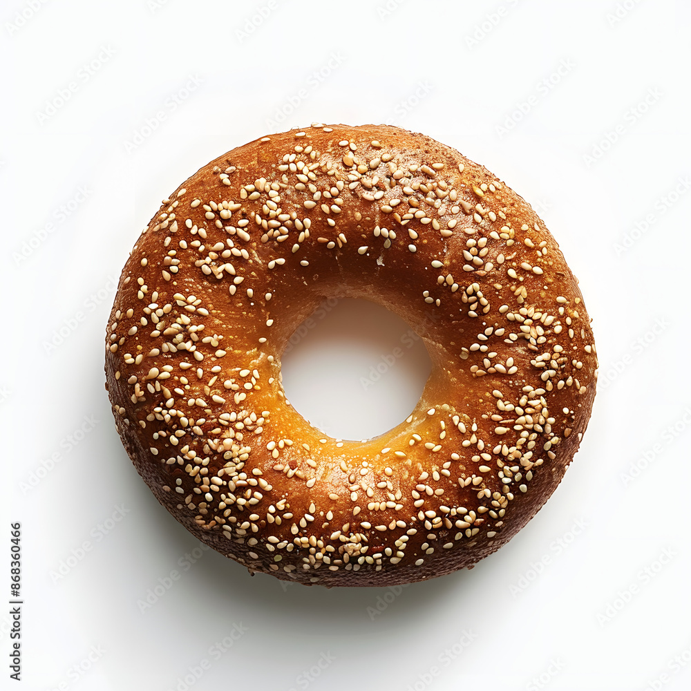 Poster top view of a single toasted bagel with sesame seeds, isolated on a white background, creating a min