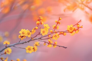 Vibrant Yellow Flowers on a Branch with Blurred Pink Background