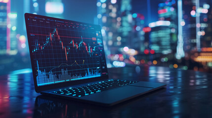 Trading chart displayed on the screen of the laptop. Stock market, trend line in a candlestick form, 32k, full ultra hd, high resolution --ar 16:9